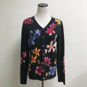 Northern Isles black cotton hand embroidered cardigan sweater pink blue M NWT